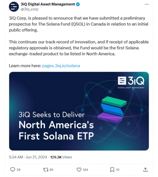 Управляющий активами 3iQ подал заявку на листинг Solana ETP в Канаде